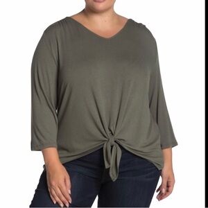 COMO VINTAGE Blouse Womens  Plus Size 3X Green Front Tie Flowy V Neck 3/4 Sleeve